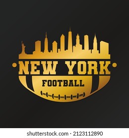 New York, NY, USA American Football Skyline City Silhouette Vector. Símbolos de iconos del estilo de diseño dorado. Sport America Ball.