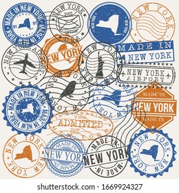 New York, NY, USA Set of Stamps. Travel Passport Stamps. Made In Product. Design Seals in Old Style Insignia. Icon Clip Art Vector Collection.