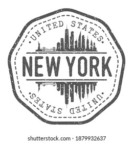 Postmark de estampado en Nueva York, Nueva York, Estados Unidos. Pasaporte postal de Silhouette. Icono de vector de redondeo de ciudad. Diseño de rehenes vintage.