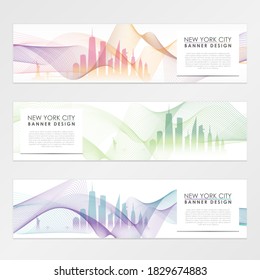 New York, NY, USA Wave Abstract Banner Template. Background Geometry Lines Data. Vector Horizontal Design.