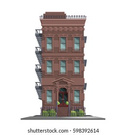 Casa de Manhattan en Nueva York con escaleras. Antiguo edificio abstracto y fachada aislada de fondo blanco. Ilustración vectorial.