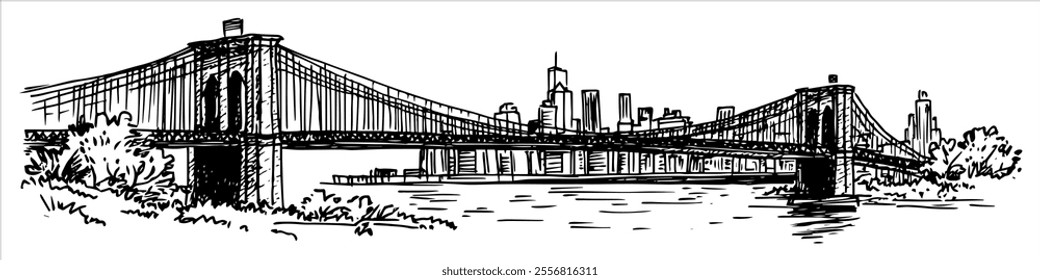 New York panorama city, hand drawing doodle hatching vector sketch