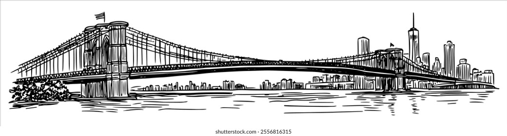 New York panorama city, hand drawing doodle hatching vector sketch