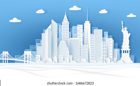 New York paper cut. Panorama famous landmarks of New York city in origami style, travel poster or postcard, greeting card with sky and skyscraper vector background