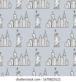 New york pattern with the USA symbols. The Statue of liberty and city buildings line drawing. Seamless background. Urban sketch. Vector illustration. 