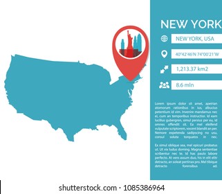 New York pin point map shape vector infographics template. Modern city data statistic isolated illustration