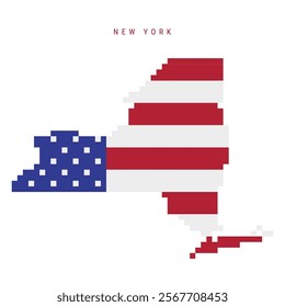 New York pixel flag map icon. 8 bit pixel art map covered with american flag. Flat vector illustration isolated on white background.