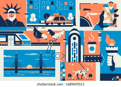 Postal de Nueva York con punto de referencia en ilustración de vectores de marco. Edificio alto, símbolo de la Estatua de la Libertad, palomas personajes, auto y perro, mapa en smartphone y café