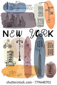 New York poster. Vector set of new york landmarks