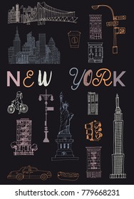 New York poster. Vector set of New York landmarks