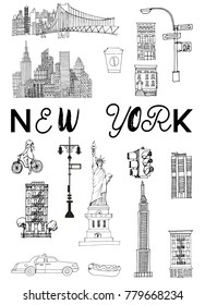 New York poster. Vector set of New York landmarks