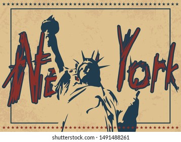 New York poster in vintage style with Statue of Liberty and hand drawn text. Vector illustration.