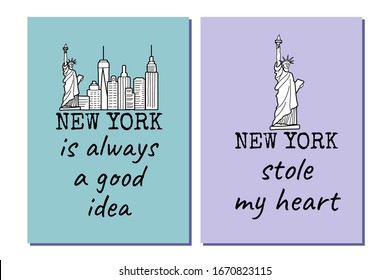 New york posters set with the Liberty Statue, city high buildings and text. Black and white line drawing. Great to use as a t-shirt print.  Vector illustration. 