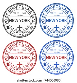 NEW YORK postmarks. Set of colored ink stamps. Vector illustration isolated on white background