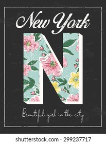 New York print with flower and slogan.For t-shirt or other uses,in vector.