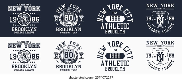 New York prints collection for t-shirt. New York city, Brooklyn typography graphics for clothes design. Set of college style t-shirts, apparel and sportswear designs. Vector illustration.