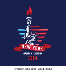 New York - Quality and Tradition 1664 T shirt apparel fashion design. Liberty Statue Vector Illustration and American Flag Background. Vintage Retro NYC Print Poster. Travel Souvenir Idea. 