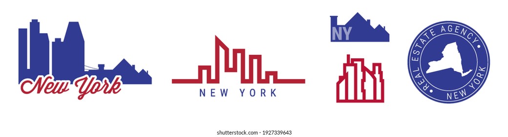 New York real estate agency. US realty emblem icon set. Flat vector illustration. American flag colors. Big city and suburbs. Simple silhouette map in the round seal stamp.