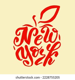 New York red apple calligram. Hand Draw Lettering by brush pen. Typography Art Print Design for t-shirt, poster, card. Vector illustration. 