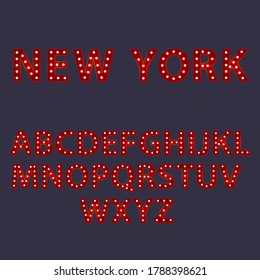New York. Red letters with luminous glowing lightbulbs. Vector typography words design. Template type font for poster.