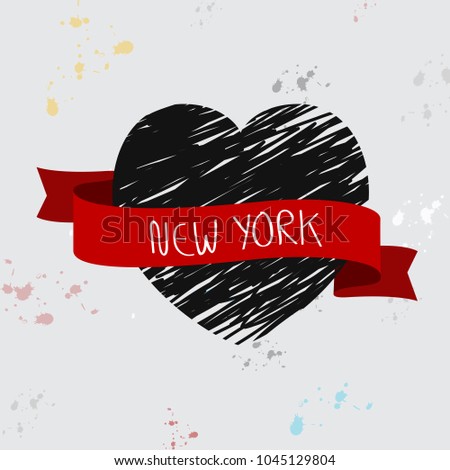 New York red ribbon isolated on gray background. Trendy hand drawn heart for web site,label,poster,placard, t shirt and print template. Creative art concept,vector illustration eps 10