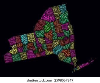 New York Regions Word Clouds. Bright typographic style design on dark background. New York region names tag clouds. Boundary shape. Stylish vector illustration.