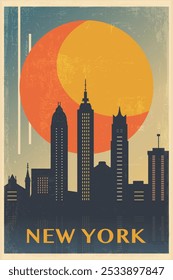 New York retro city poster with abstract shapes of skyline, buildings. USA, NYC state vintage travel vector illustration, cityscape at sunrise, sunset