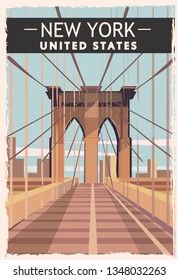 Afiche retro de Nueva York. Ilustración de viaje de los Estados Unidos en Nueva York. Tarjeta de felicitación de los Estados Unidos de América. ilustración vectorial.