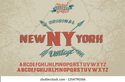 New York. Retro and vintage hadmade logo and font. Print on clothes, sticker. Serif font.