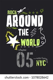 new york rock around the world,t-shirt print poster vector illustration