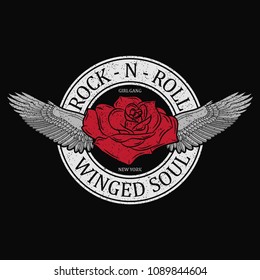 New York rock and roll girl gang print. Grunge typography for t-shirt, women clothes. Fashion stamp for apparel with rose, wings and slogan. Vector illustration.