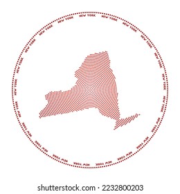 New York round logo. Digital style shape of New York in dotted circle with US state name. Tech icon of the US state with graduated dots. Classy vector illustration.