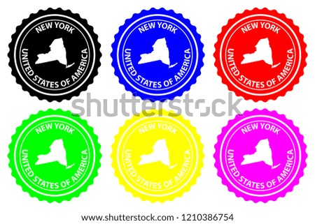 New York - rubber stamp - vector, New York (United States of America) map pattern - sticker - black, blue, green, yellow, purple and red 