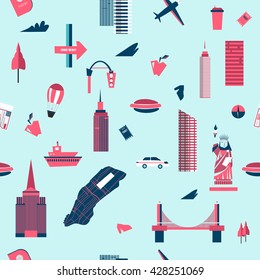 New York seamless pattern. Manhattan USA skyline silhouette cartoon design vector illustration.