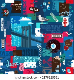 New York Seamless pattern with sayings and quotes, people, Brooklyn bridge. Design for prints, packaging, interiors, cafe, clubs