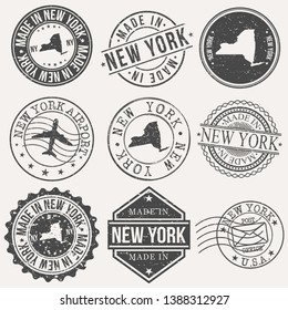 New York Set of Stamps. Travel Stamp. Made In Product. Design Seals Old Style Insignia.