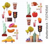 New york Set Vector pattern with flat icons Taxi, apple, donut, statue of Liberty New york Usa travel