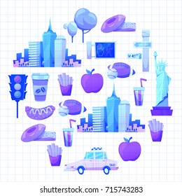 New york Set Vector pattern with flat icons Taxi, apple, donut, statue of Liberty New york Usa travel