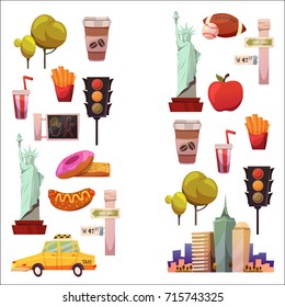 New york Set Vector pattern with flat icons Taxi, apple, donut, statue of Liberty New york Usa travel