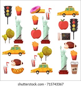 New york Set Vector pattern with flat icons Taxi, apple, donut, statue of Liberty New york Usa travel