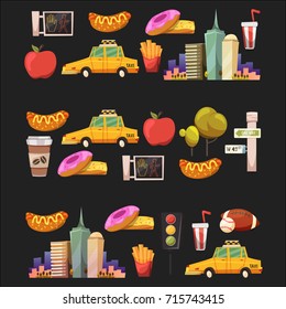 New york Set Vector pattern with flat icons Taxi, apple, donut, statue of Liberty New york Usa travel