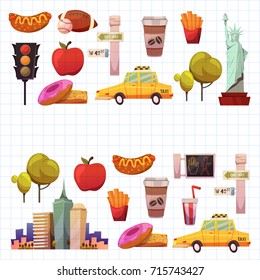 New york Set Vector pattern with flat icons Taxi, apple, donut, statue of Liberty New york Usa travel