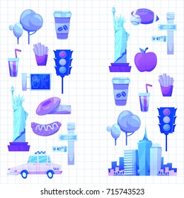 New york Set Vector pattern with flat icons Taxi, apple, donut, statue of Liberty New york Usa travel