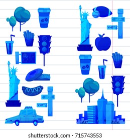 New york Set Vector pattern with flat icons Taxi, apple, donut, statue of Liberty New york Usa travel