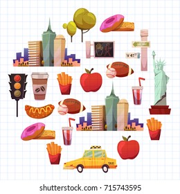 New york Set Vector pattern with flat icons Taxi, apple, donut, statue of Liberty New york Usa travel