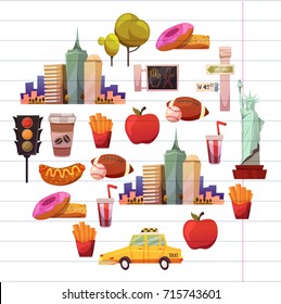 New york Set Vector pattern with flat icons Taxi, apple, donut, statue of Liberty New york Usa travel