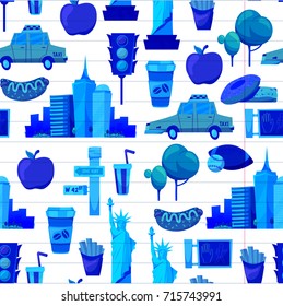 New york Set Vector pattern with flat icons Taxi, apple, donut, statue of Liberty New york Usa travel
