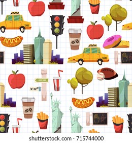 New york Set Vector pattern with flat icons Taxi, apple, donut, statue of Liberty New york Usa travel