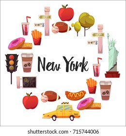 New york Set Vector pattern with flat icons Taxi, apple, donut, statue of Liberty New york Usa travel