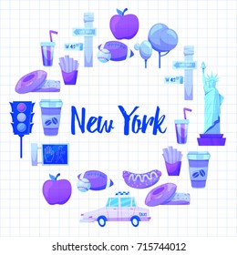 New york Set Vector pattern with flat icons Taxi, apple, donut, statue of Liberty New york Usa travel
